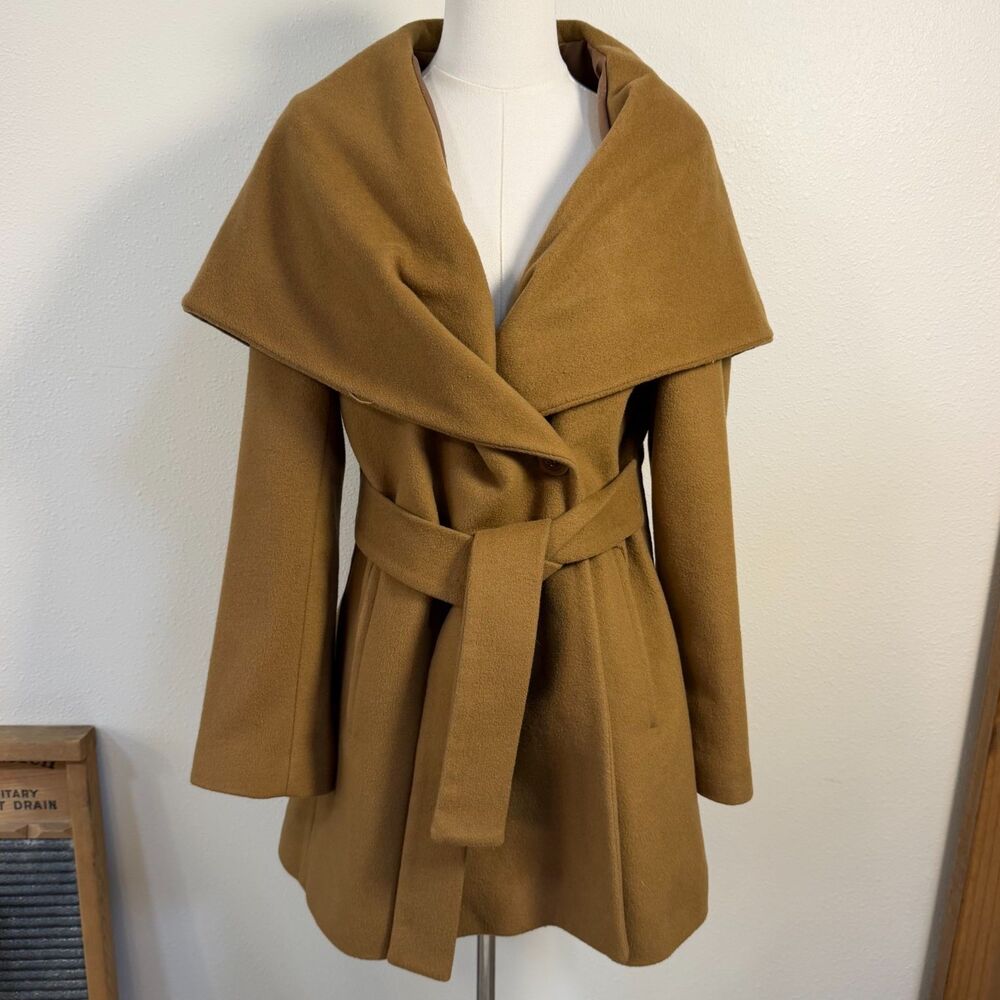 Trina Turk Women 8 Camel Wool Cashmere Belted Wrap Coat Oversized Collar